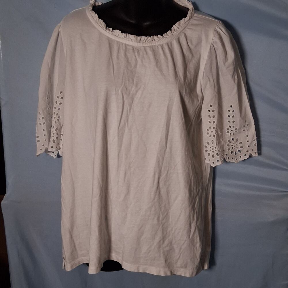 Talbots Women's White Eyelet Ruffle Neck Short Sleeve Blouse